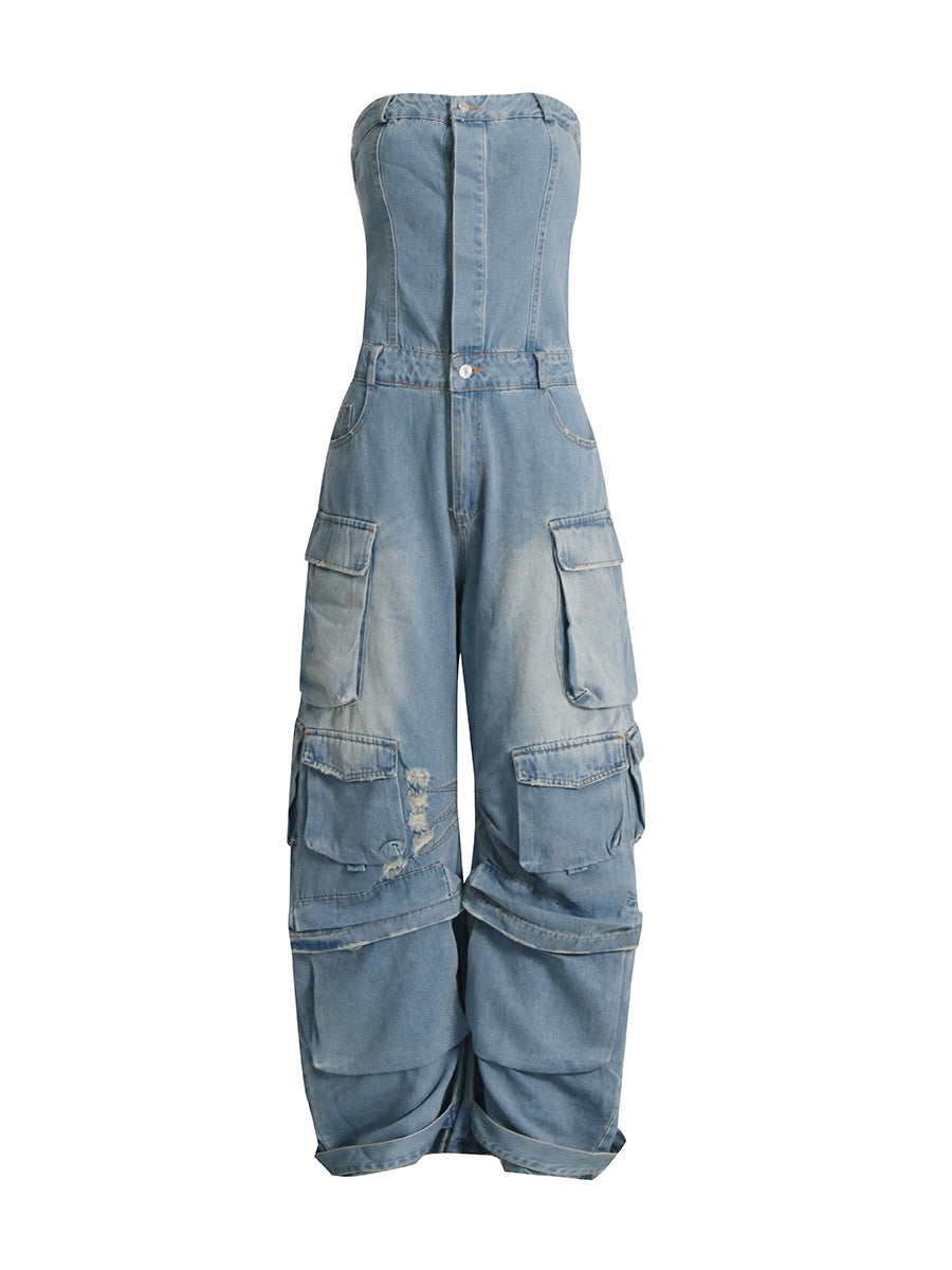 Strapless Denim Cargo Jumpsuit
