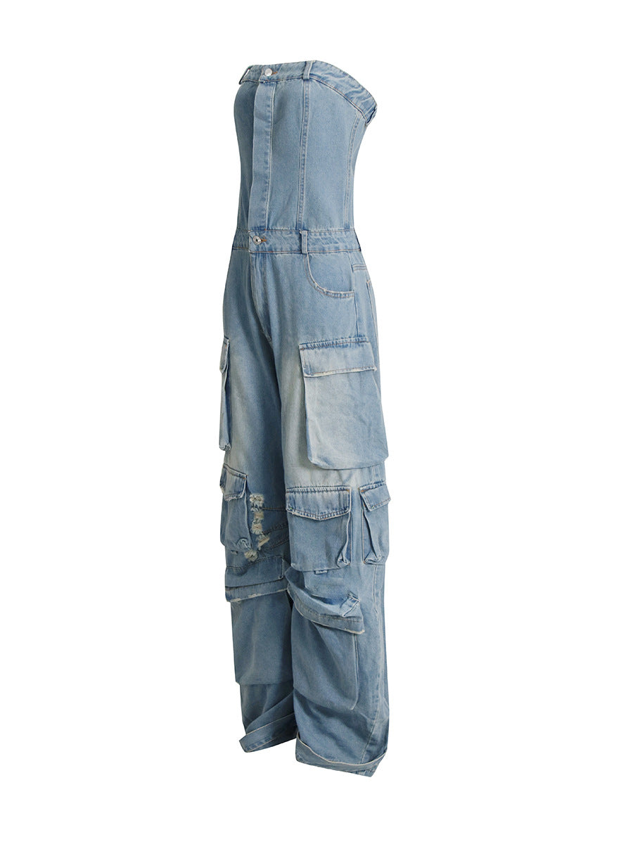 Strapless Denim Cargo Jumpsuit