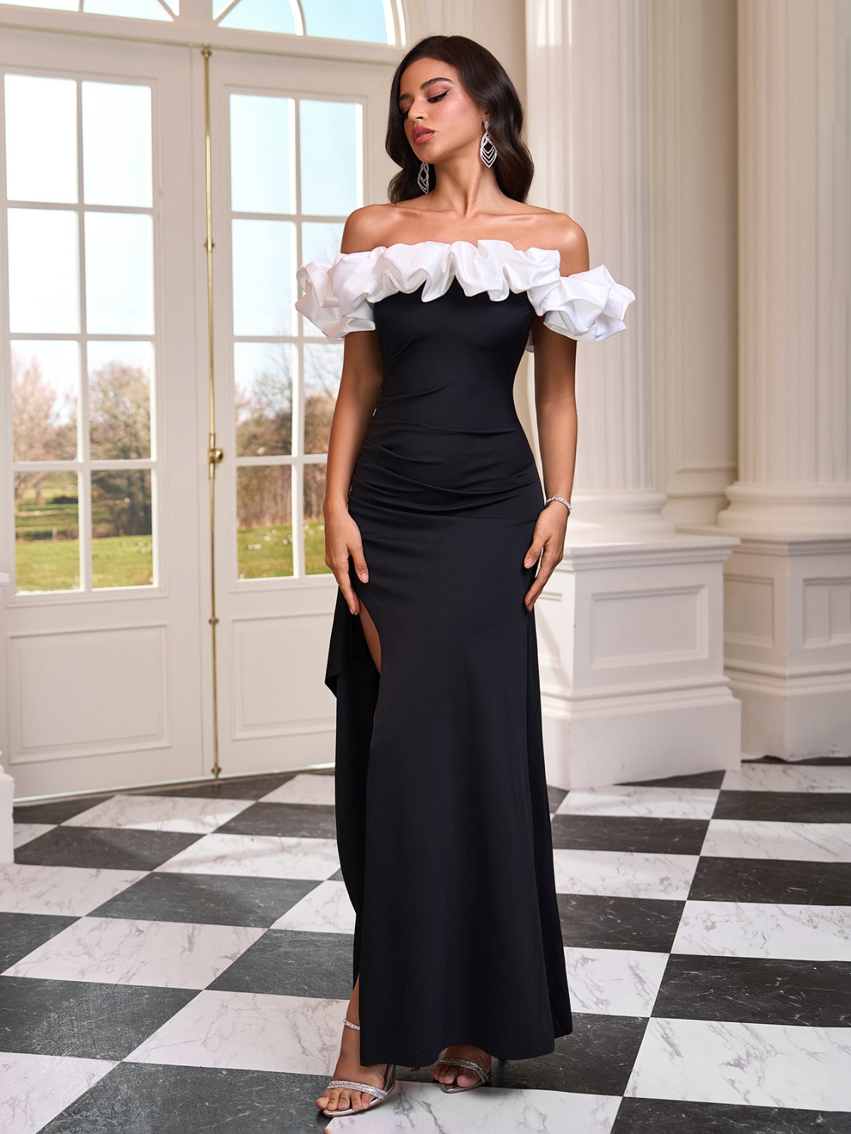 Ruffled Off-Shoulder Slitted Dress