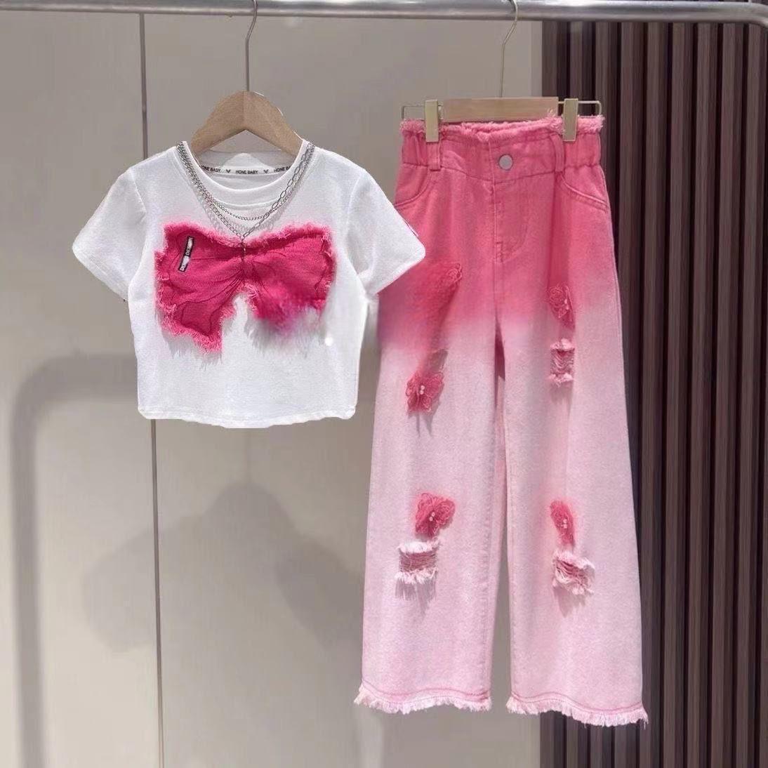 Pink Bow Two-Piece Girls Casual Wear