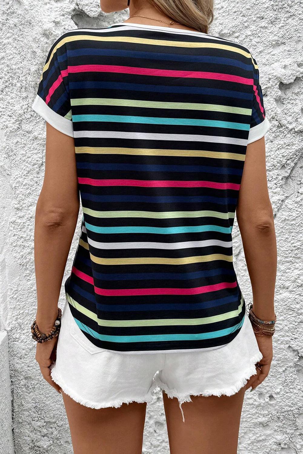 Summer Blues Stripped Folded Sleeve Blouse