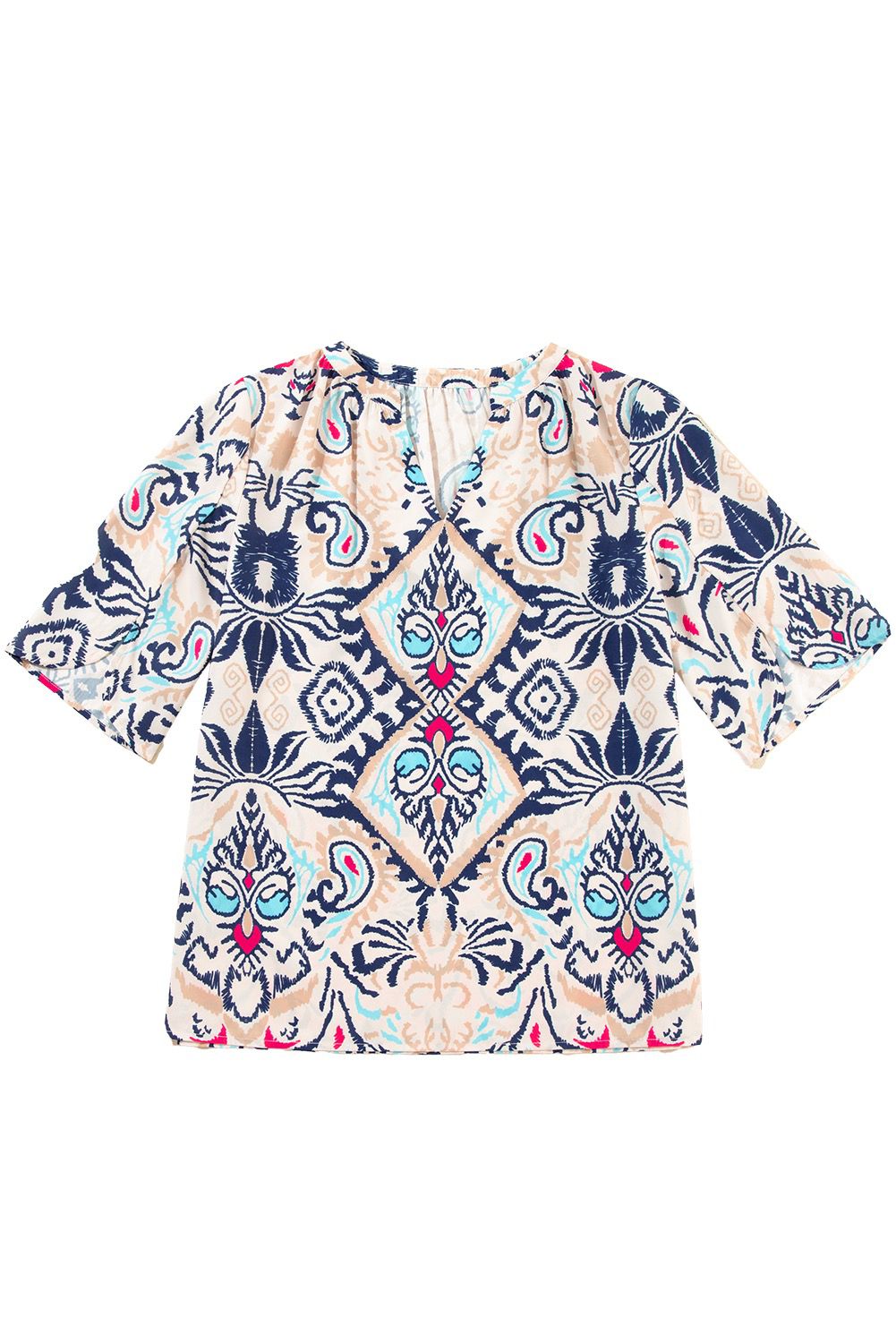 Slitted Short Sleeve V-Neck Blouse
