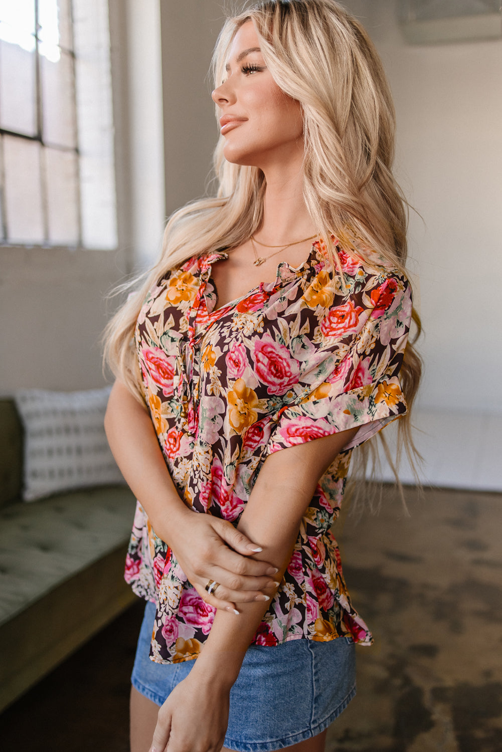 Folded Sleeve Floral Blouse