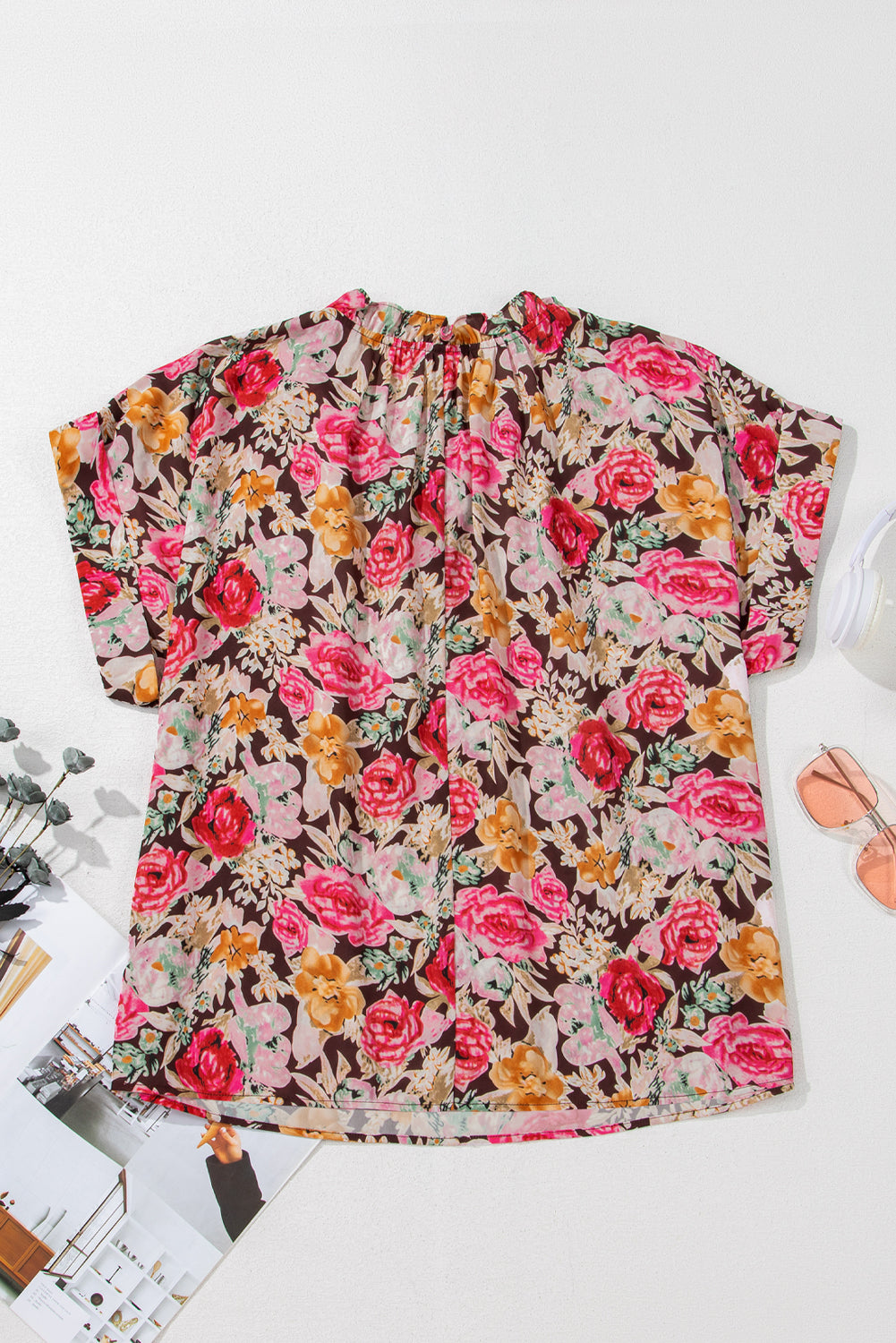 Folded Sleeve Floral Blouse