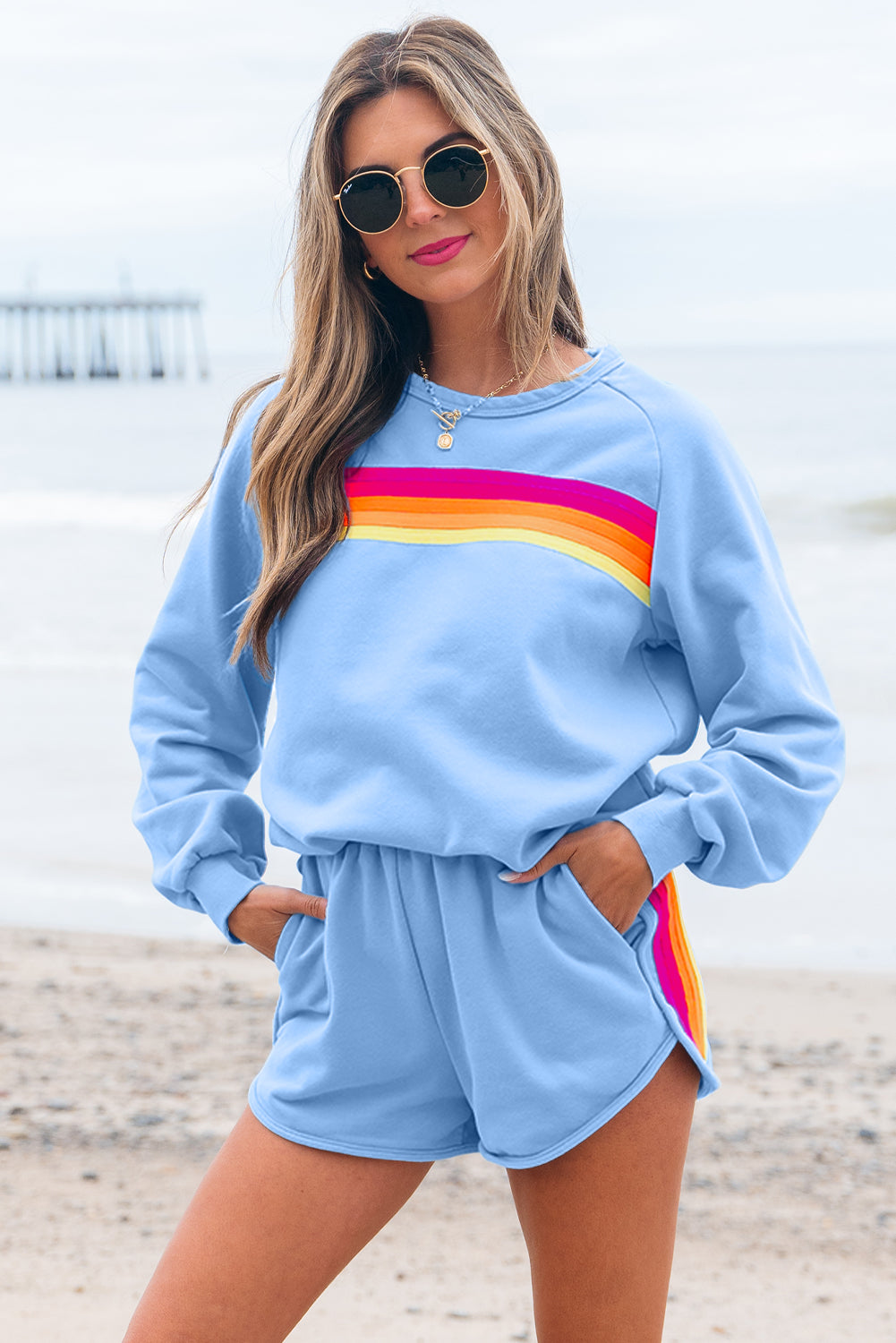 Beau Blue Striped Accent Pullover and Shorts Two Piece Casual Set