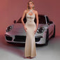 Elegant Pearl Sparkle Cross Halter Dress