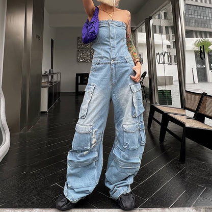 Strapless Denim Cargo Jumpsuit