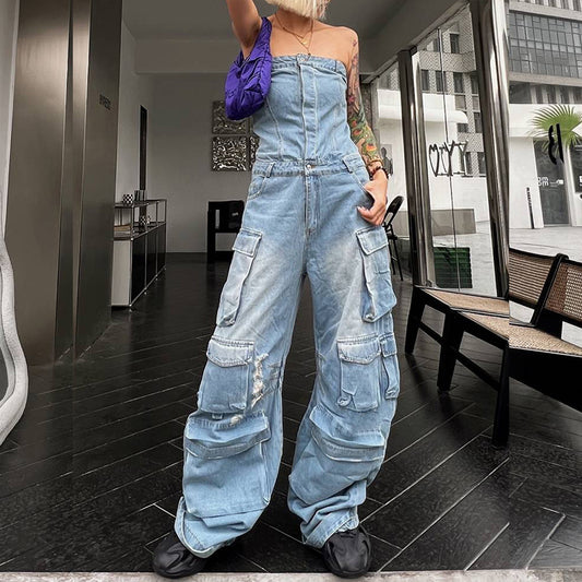 Strapless Denim Cargo Jumpsuit