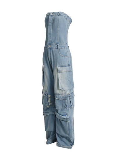 Strapless Denim Cargo Jumpsuit