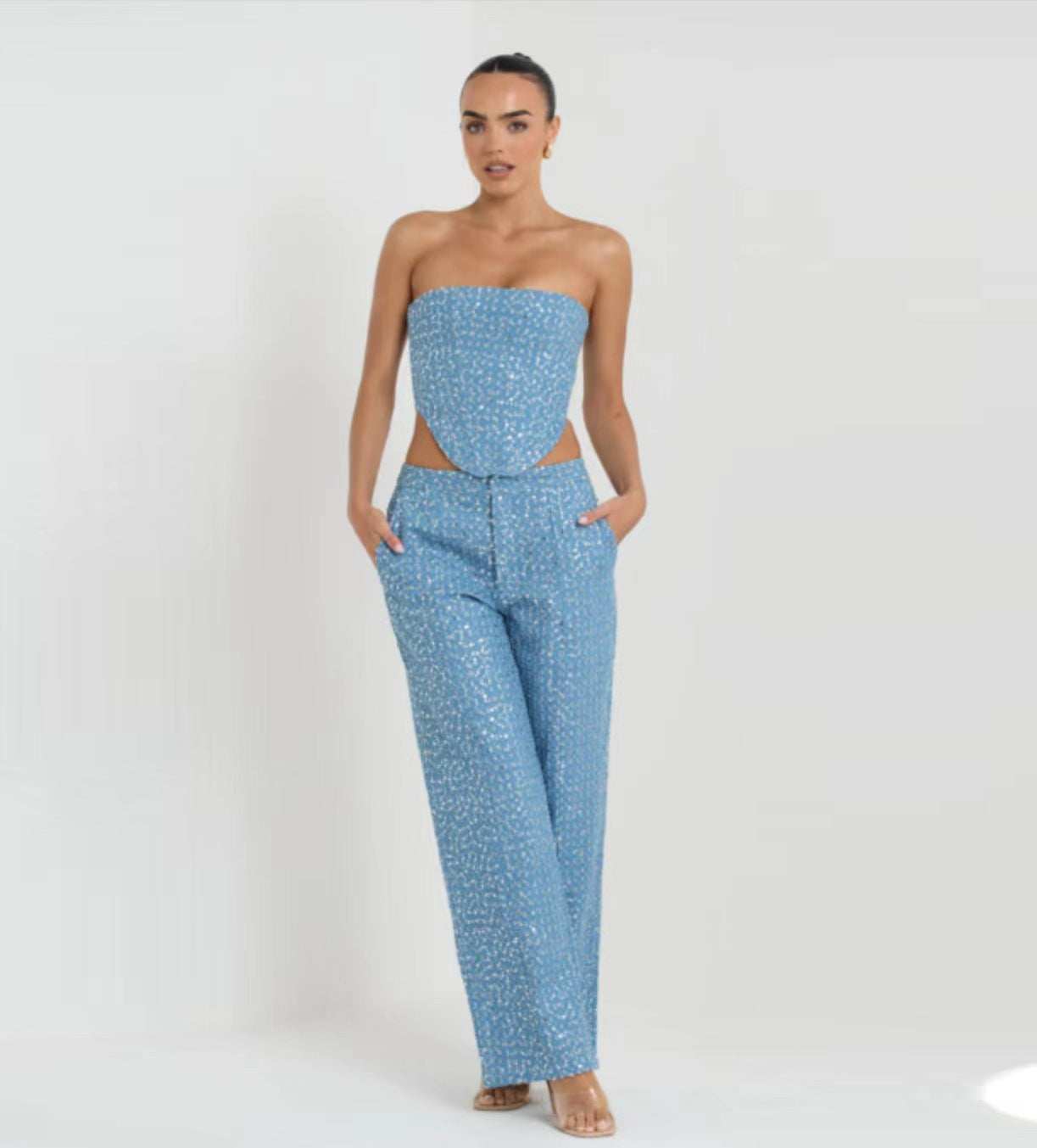 Metallic Denim Strapless Two-Piece