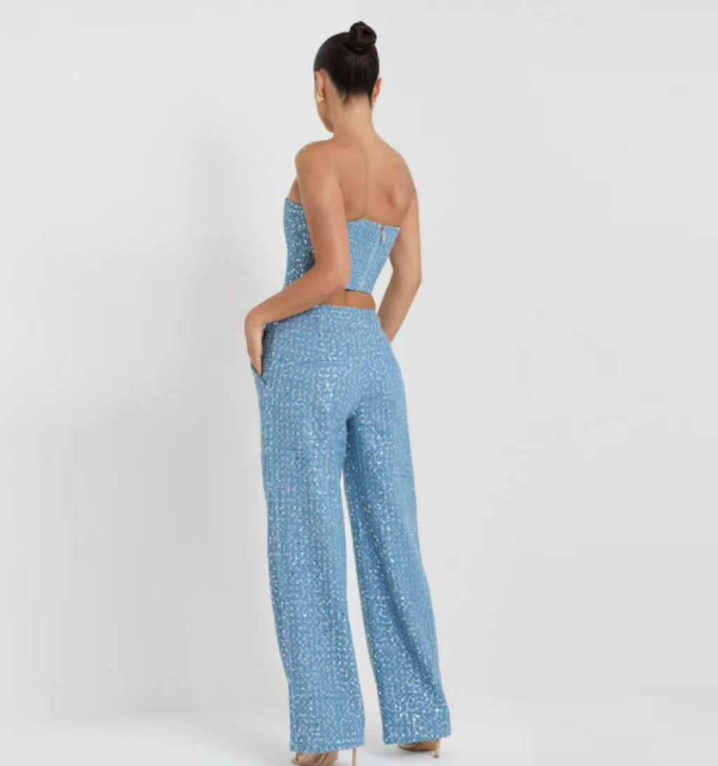 Metallic Denim Strapless Two-Piece