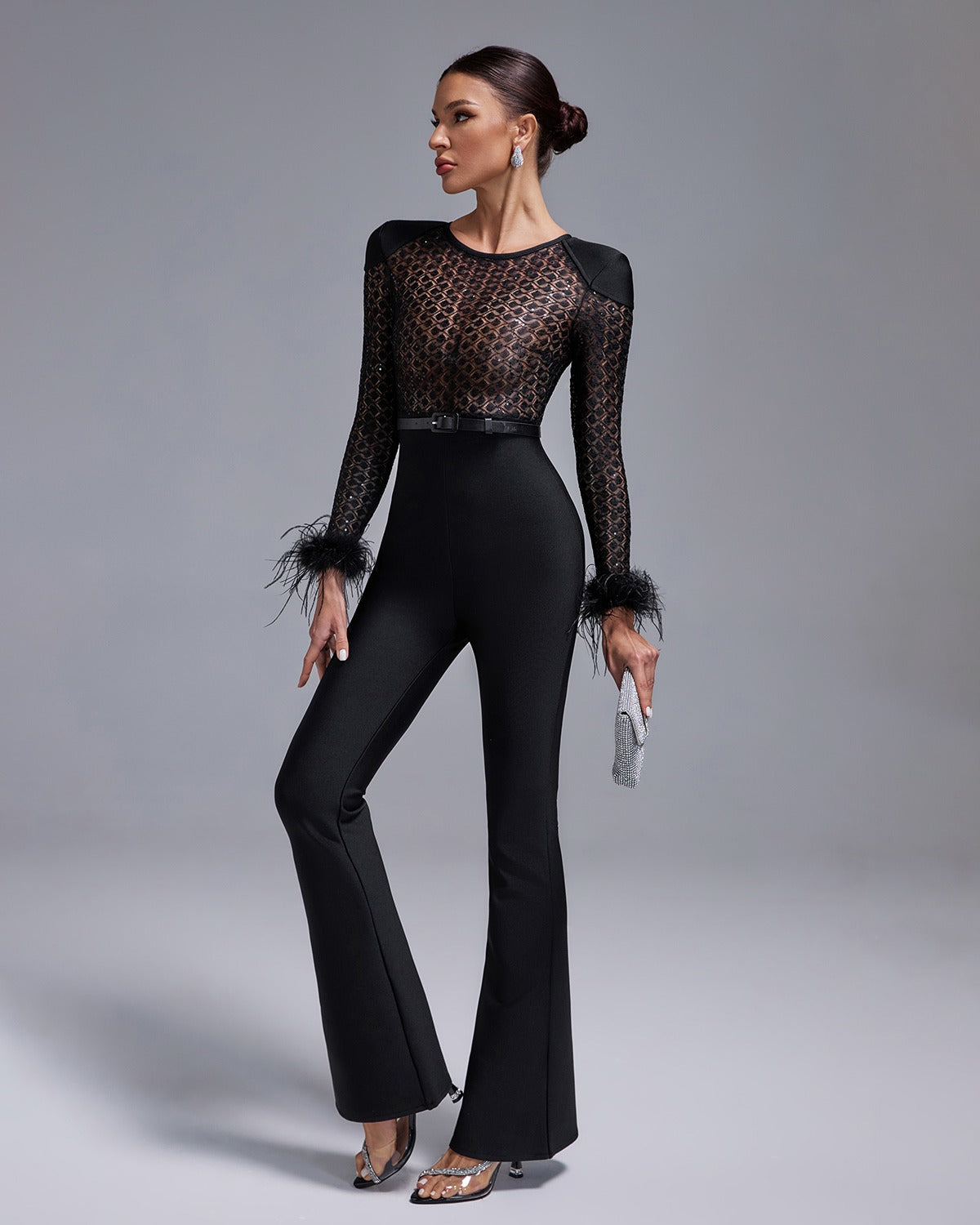 Laced Flared Long Sleeved Black Jumpsuit