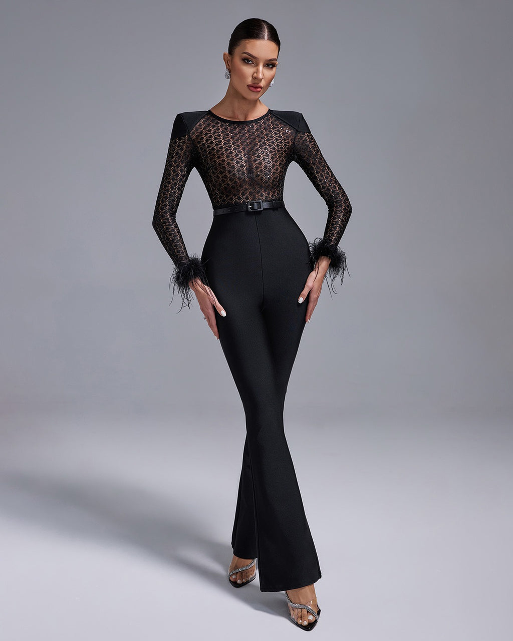 Laced Flared Long Sleeved Black Jumpsuit