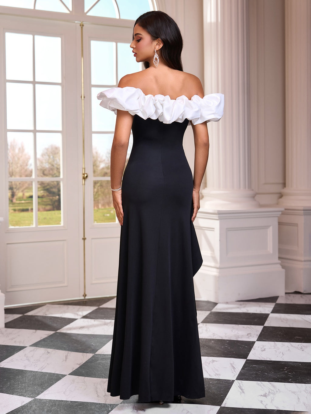 Ruffled Off-Shoulder Slitted Dress