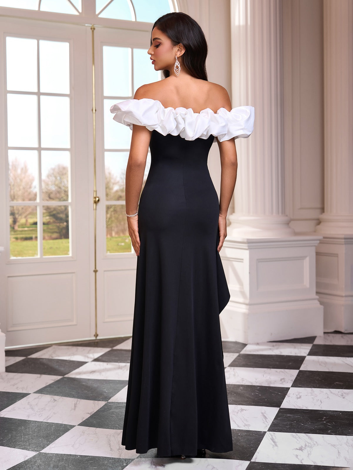 Ruffled Off-Shoulder Slitted Dress