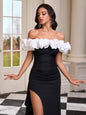 Ruffled Off-Shoulder Slitted Dress