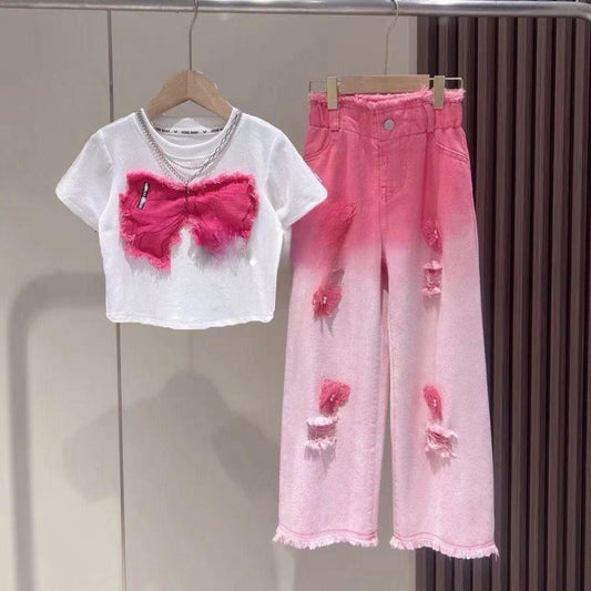 Pink Bow Two-Piece Girls Casual Wear
