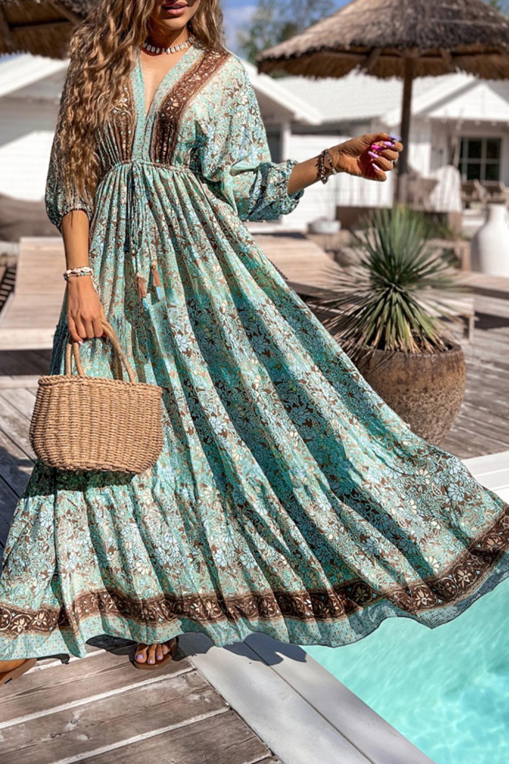 Lady Summer Patterned Sleeved Maxi Dress