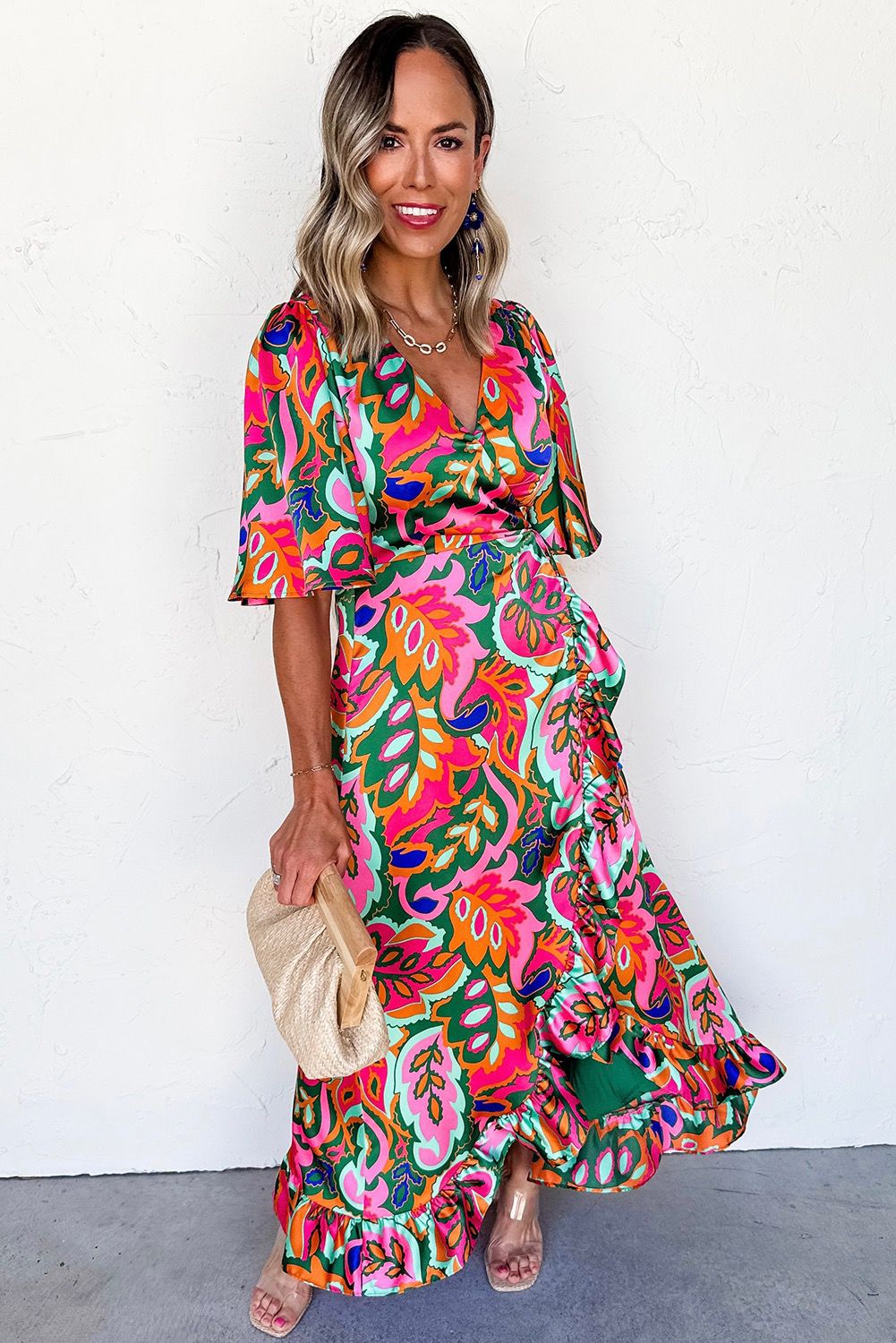 Multi-Colored Ruffle Wrap Maxi Dress