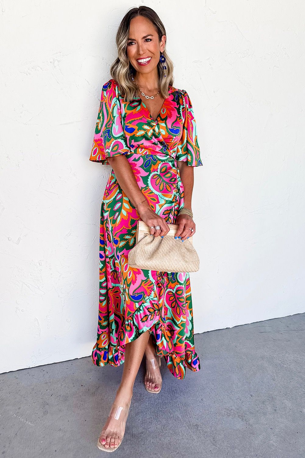 Multi-Colored Ruffle Wrap Maxi Dress