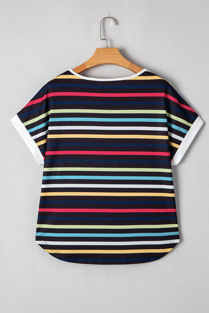 Summer Blues Stripped Folded Sleeve Blouse