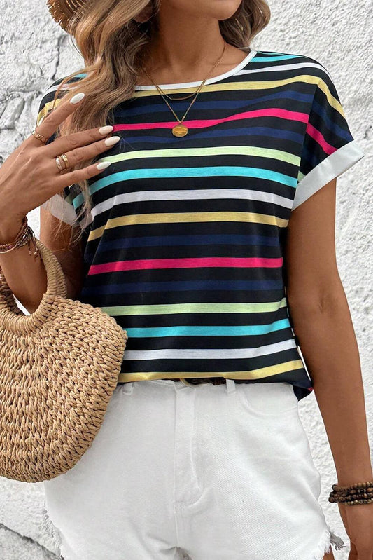 Summer Blues Stripped Folded Sleeve Blouse