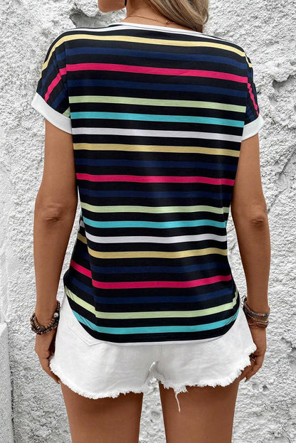 Summer Blues Stripped Folded Sleeve Blouse