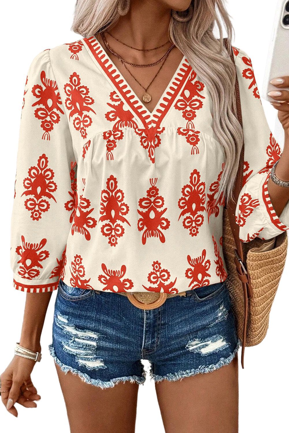 V-Neck Pattern Summer Blouse