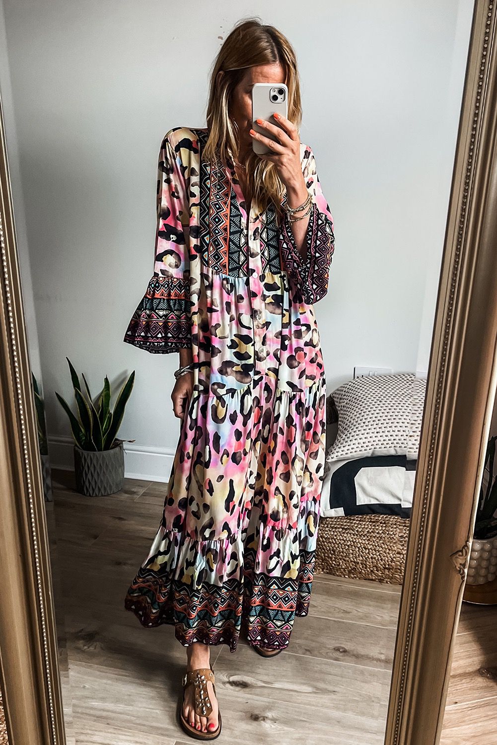 Gathered Long Sleeve Pattern Maxi Dress