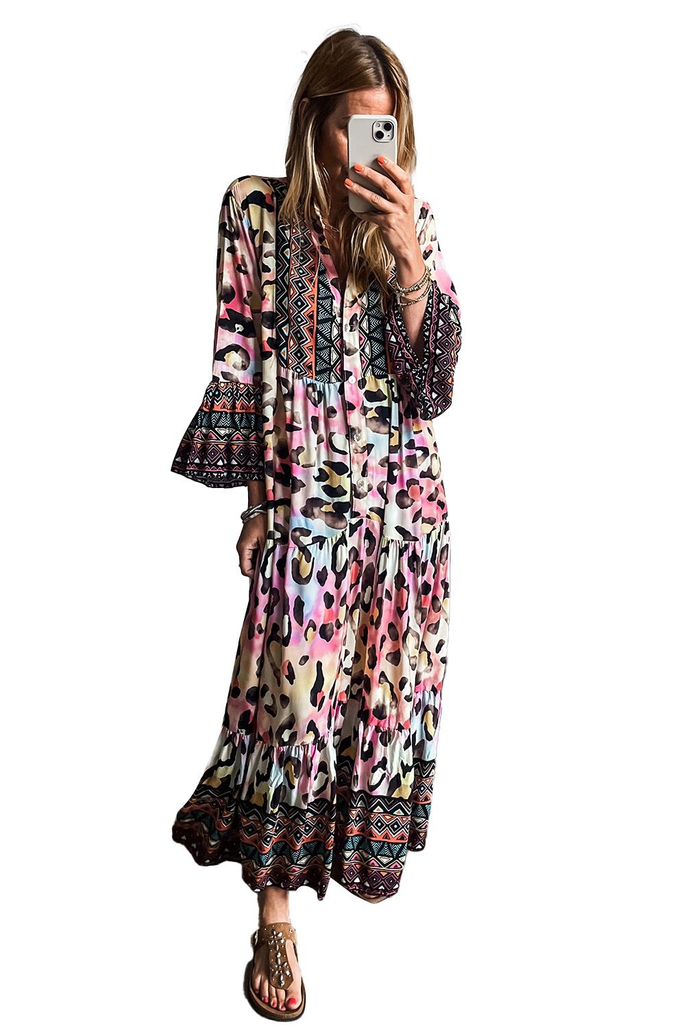 Gathered Long Sleeve Pattern Maxi Dress