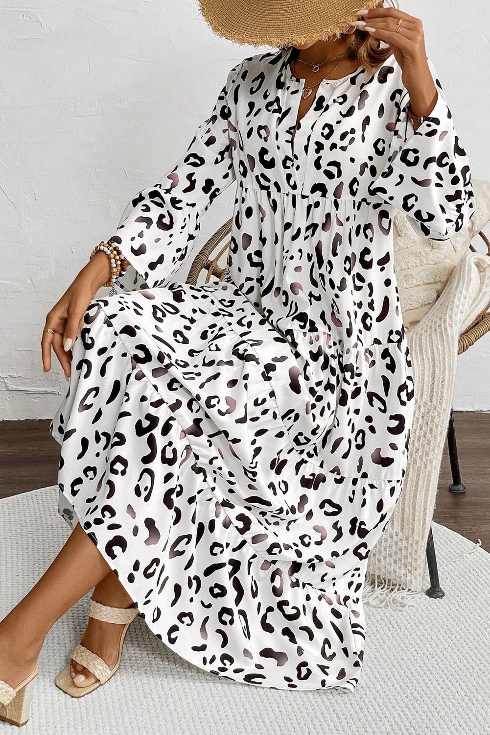 White Leopard Print Maxi Dress  M-Dress Code