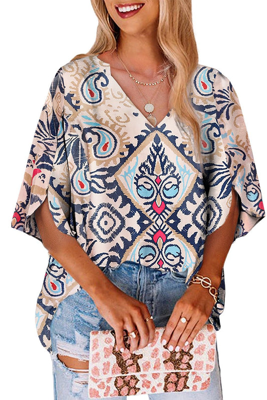 Slitted Short Sleeve V-Neck Blouse
