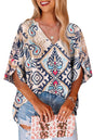 Slitted Short Sleeve V-Neck Blouse