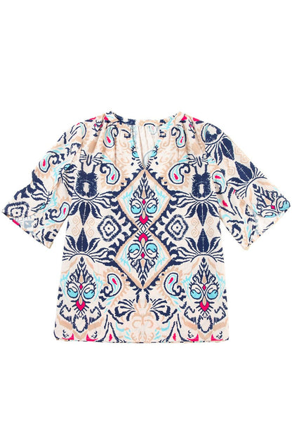 Slitted Short Sleeve V-Neck Blouse