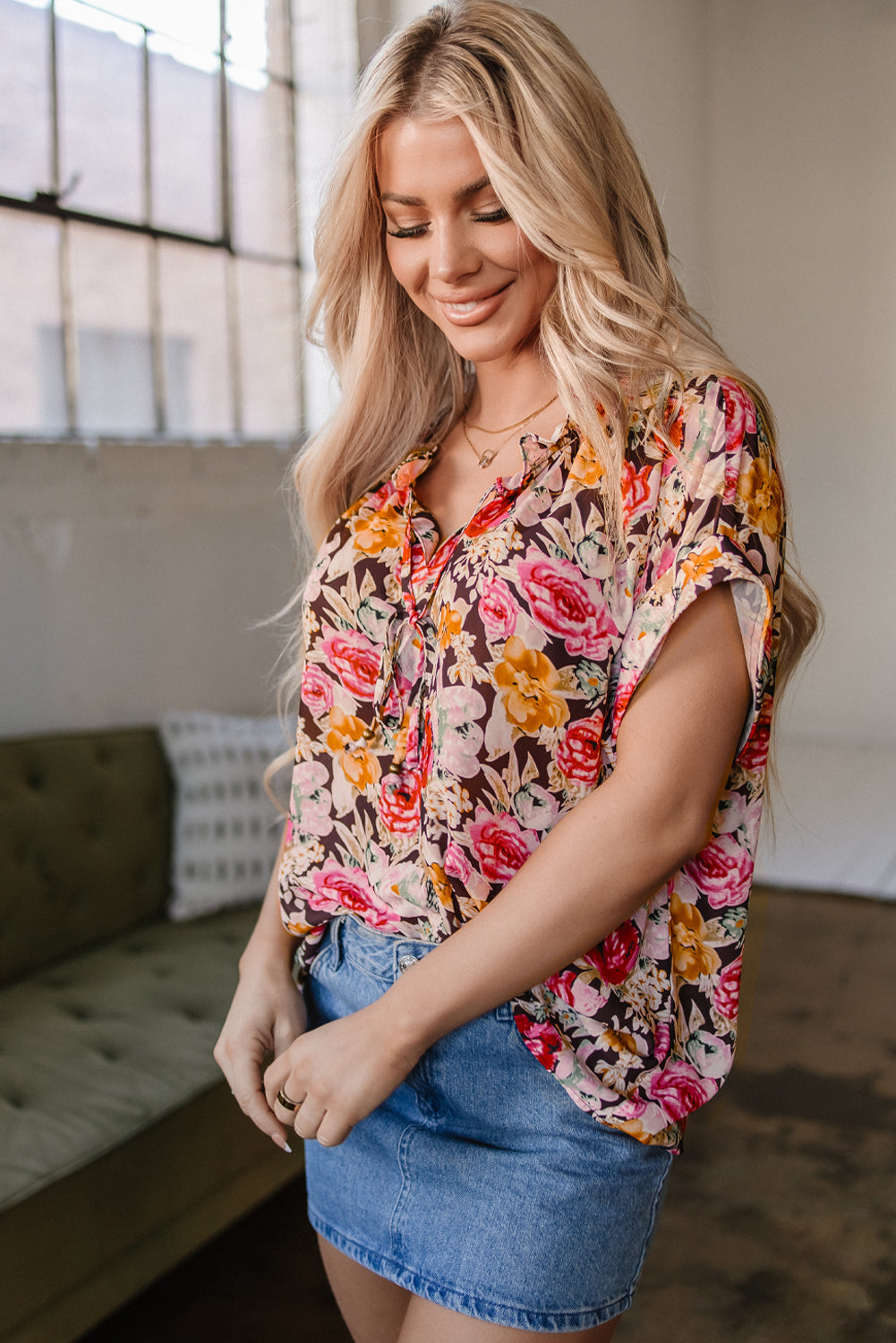 Folded Sleeve Floral Blouse