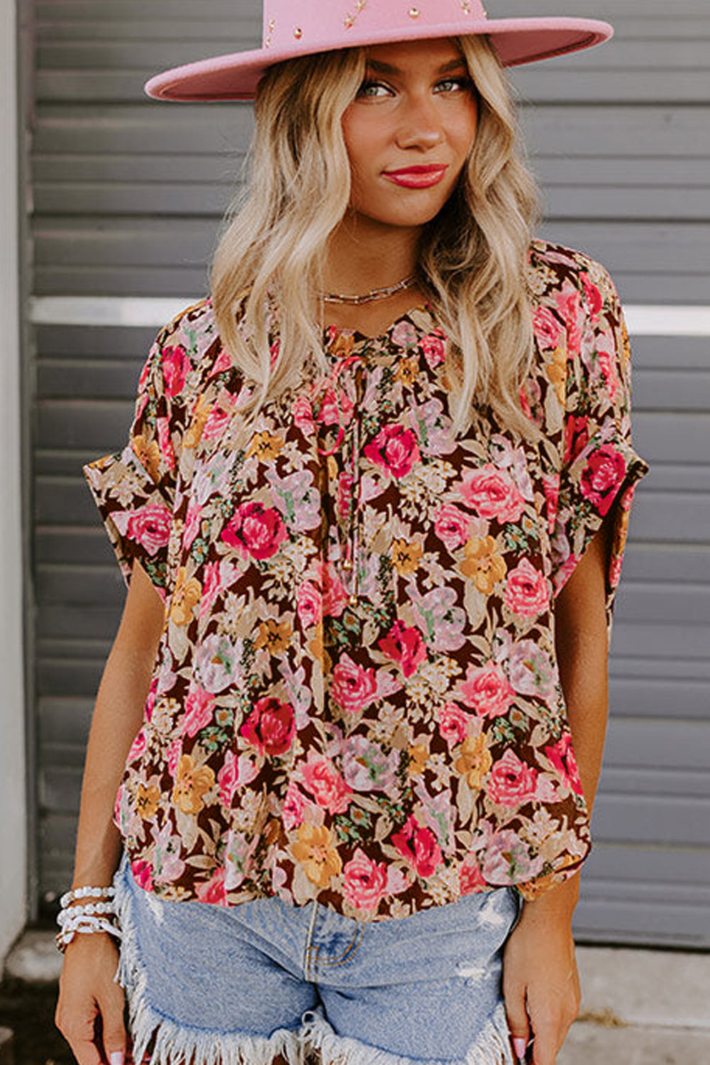 Folded Sleeve Floral Blouse