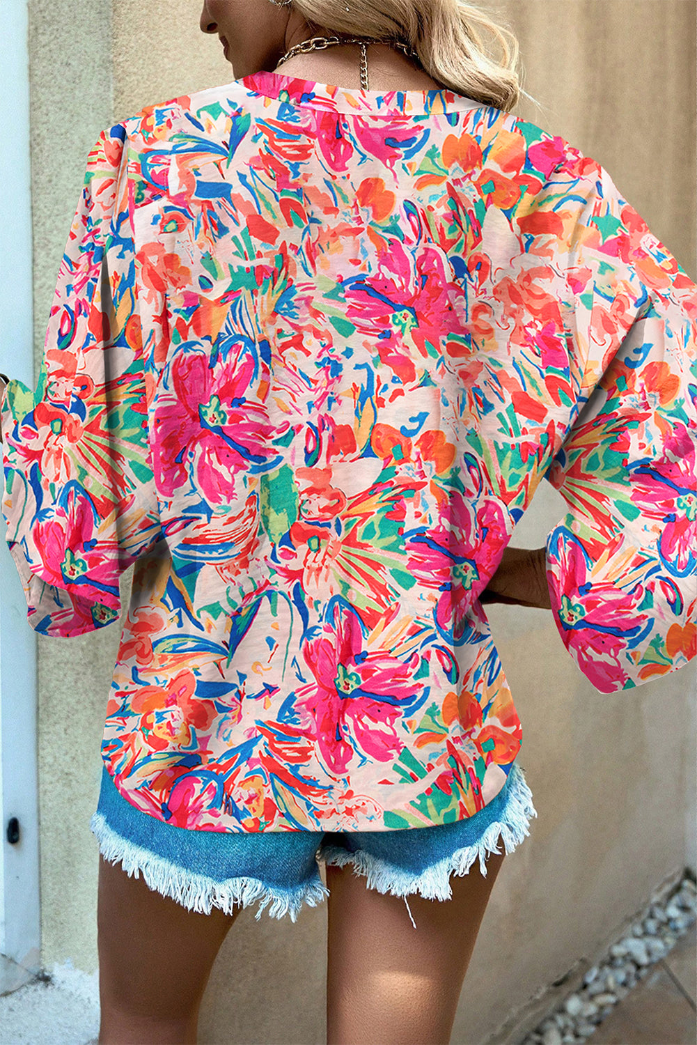Multicolour Floral Print Bell Sleeve V-Neck Blouse