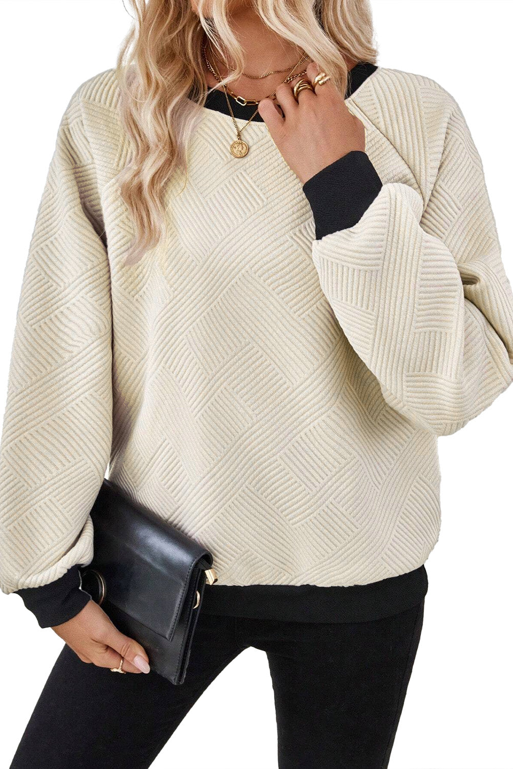 Jet Stream Color Block Edge Raglan Sleeve Crew Neck Textured Top