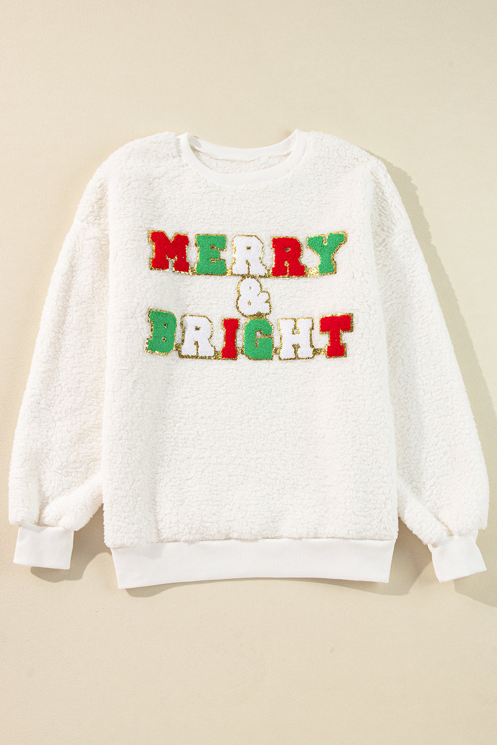 White Christmas MERRY & Bright Chenille Graphic Sherpa Sweatshirt