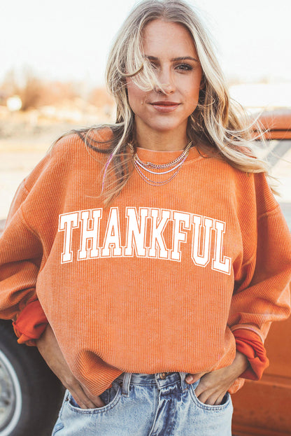 Orange THANKFUL Crew Neck Pullover Sweatshirt