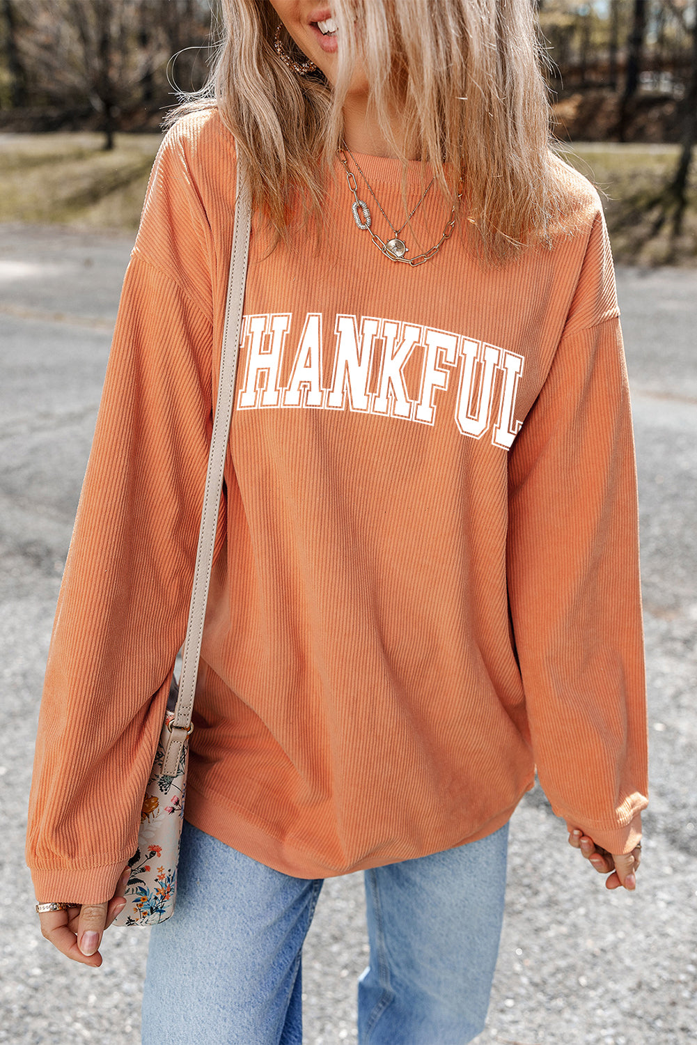 Orange THANKFUL Crew Neck Pullover Sweatshirt