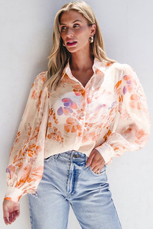 White Floral Print Collared Balloon Sleeve Loose Shirt