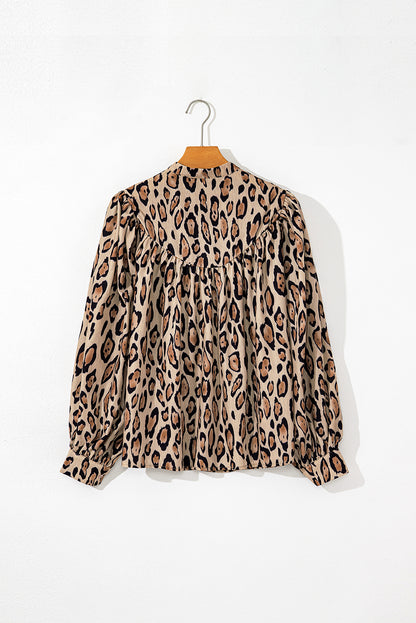 Light French Beige Oversized Leopard Print Balloon Sleeve Casual Shirt