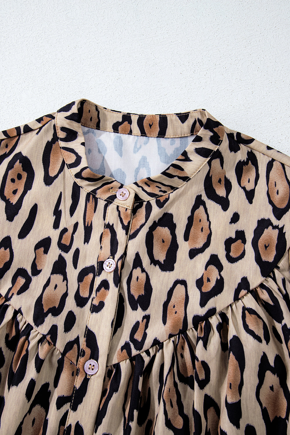 Light French Beige Oversized Leopard Print Balloon Sleeve Casual Shirt