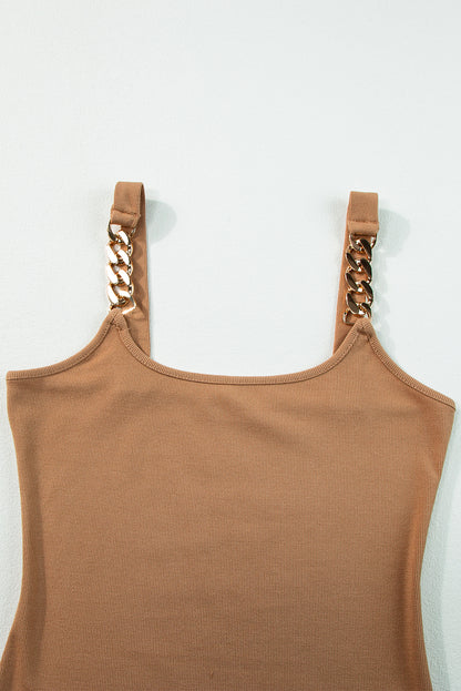 Brown Gold Chain Straps Rib Knit Tank Top