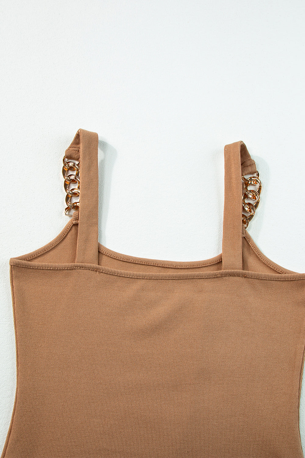 Brown Gold Chain Straps Rib Knit Tank Top