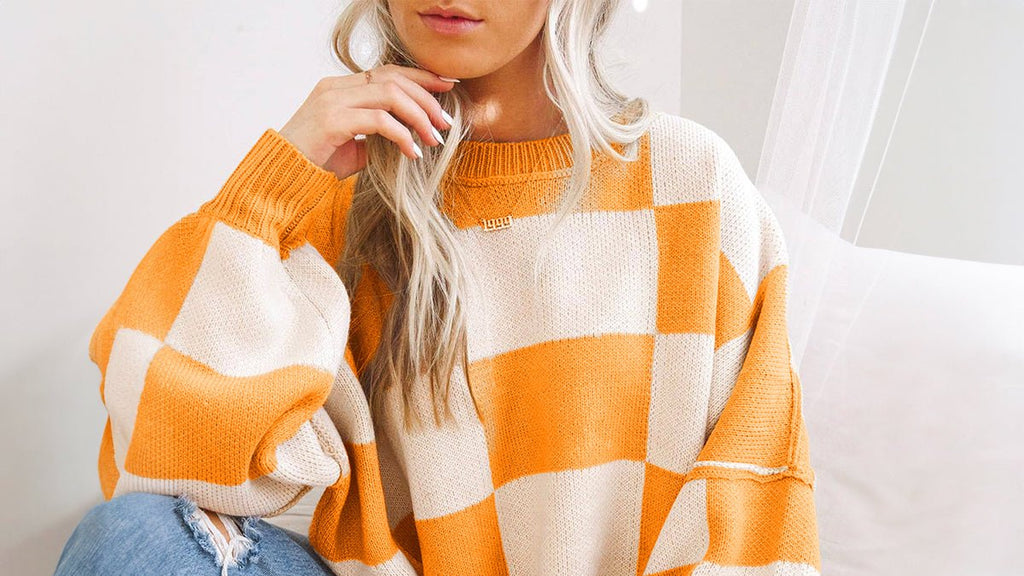 Orange Checkered Bishop Sleeve Sweater