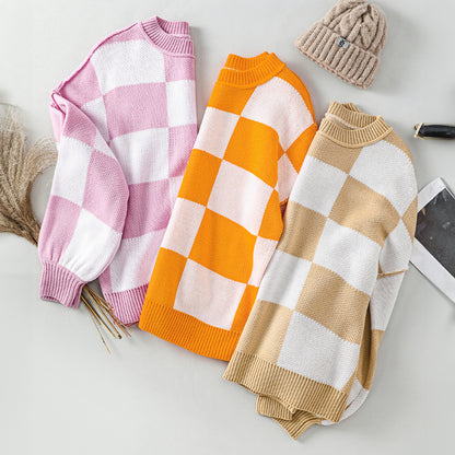 Orange Checkered Bishop Sleeve Sweater