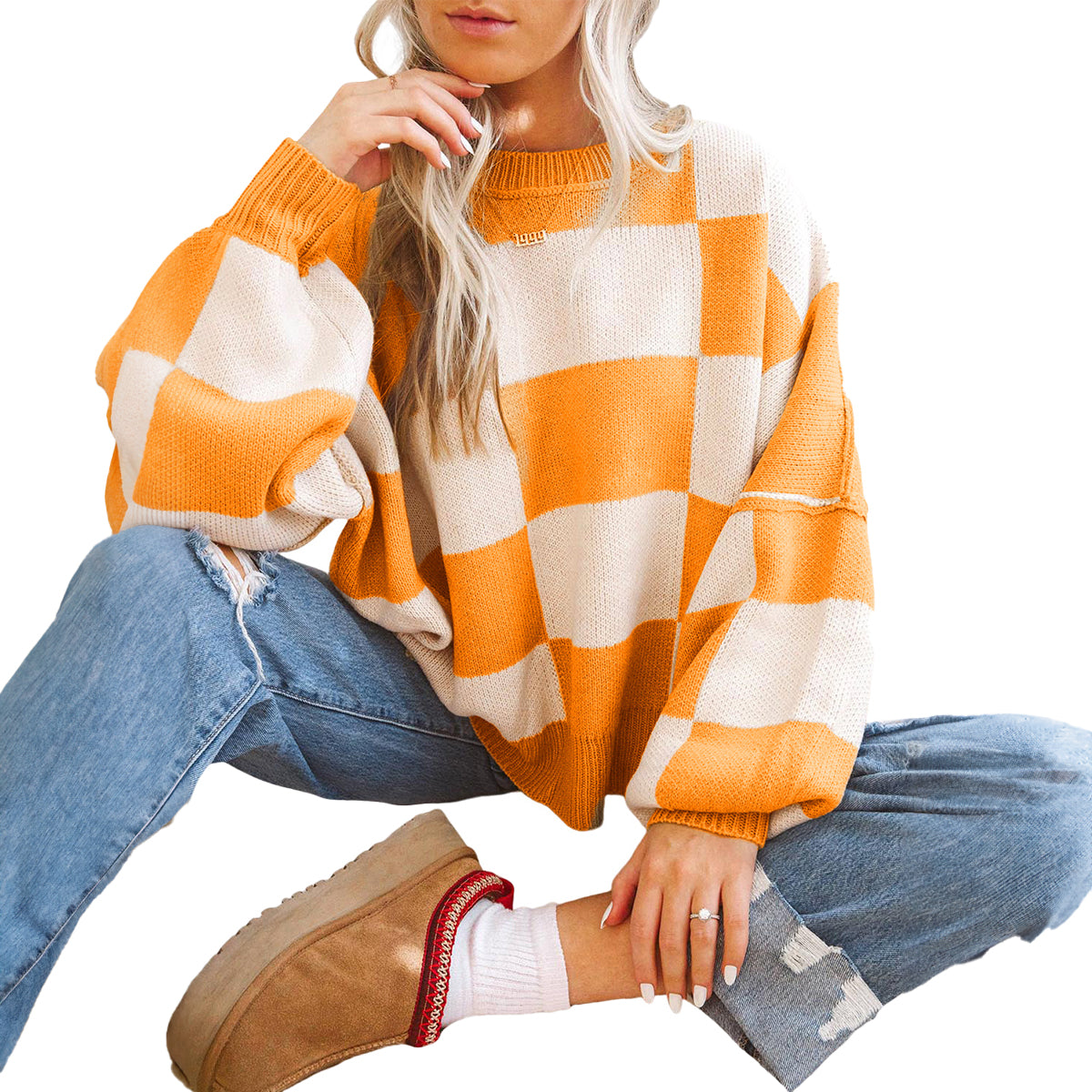 Orange Checkered Bishop Sleeve Sweater