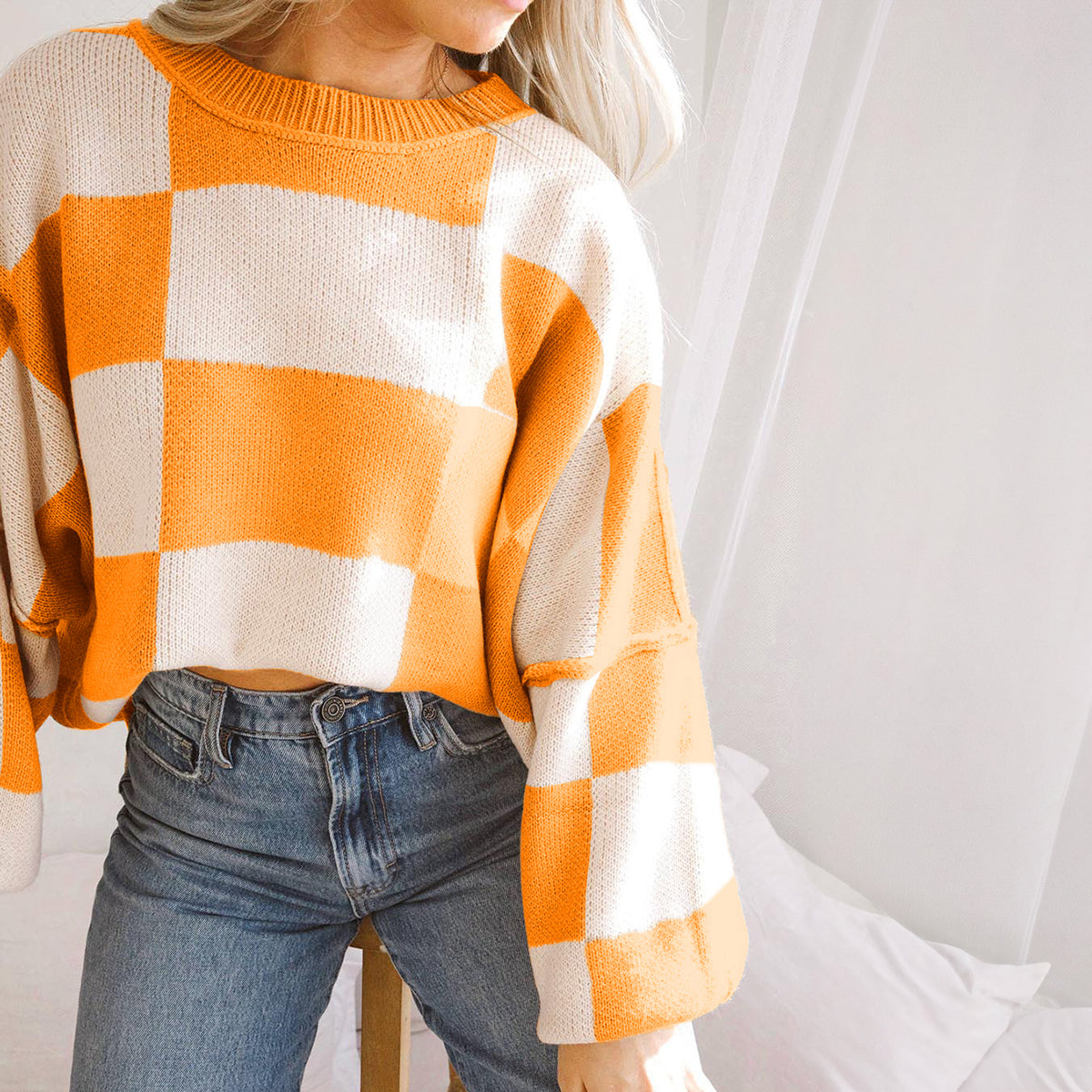 Orange Checkered Bishop Sleeve Sweater